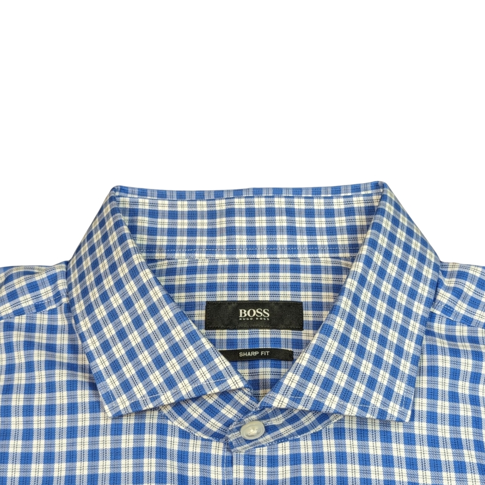 Hugo Boss - Sharp Fit - Blue / Cream Plaid Button Down Shirt - Size 17.5/32-33